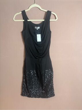 MBN Vintage Draped Cowl Sequin Embellished Black Petite Silk Cocktail Dress NWT